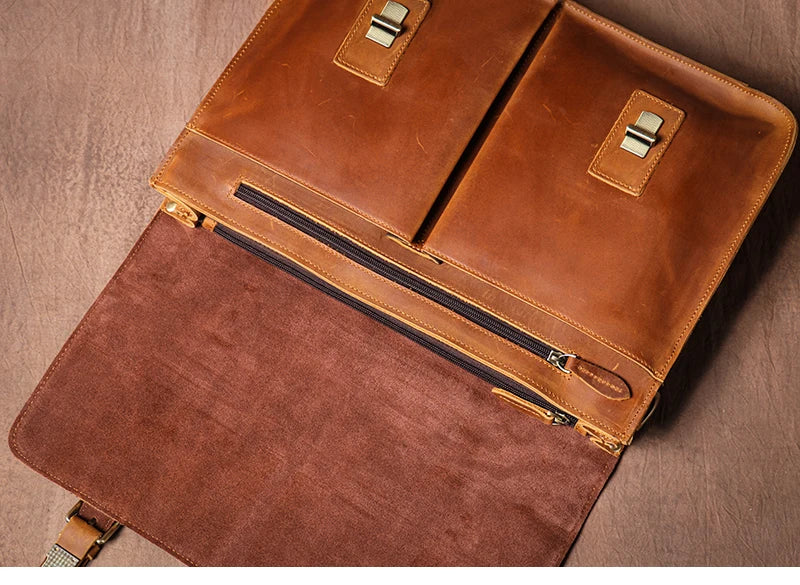 LUOKIR Vintage Crazy Horse Briefcase Travel Genuine Leather Handbag Luxury Men's Messenger Computer Shoulder Bag 14 Inch Laptop