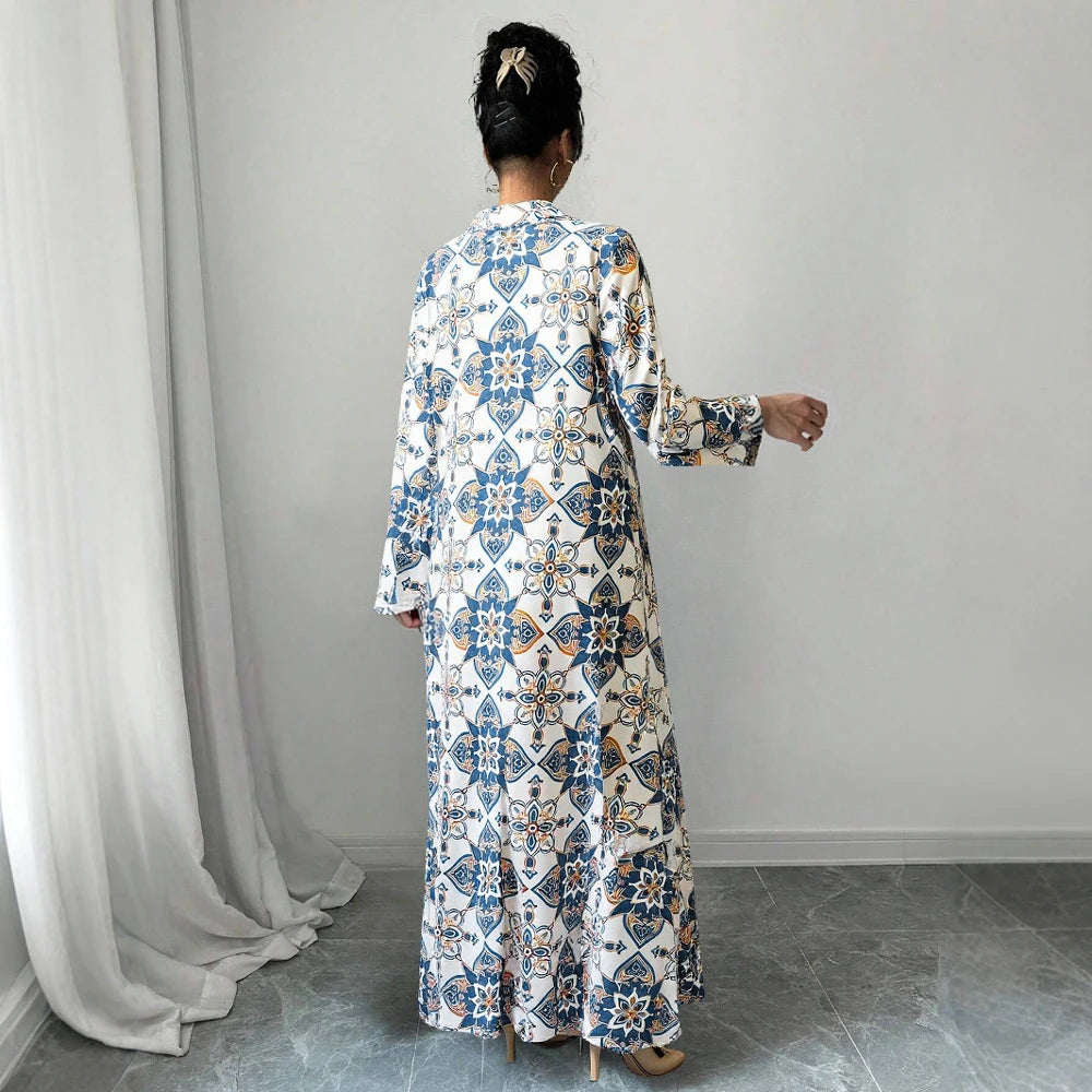 Rafiah Women's Summer Long Dress 2025 Arabian Dress Traditional Long Sleeve V-Neck A-Line Maxi Full Print Casual Dress
