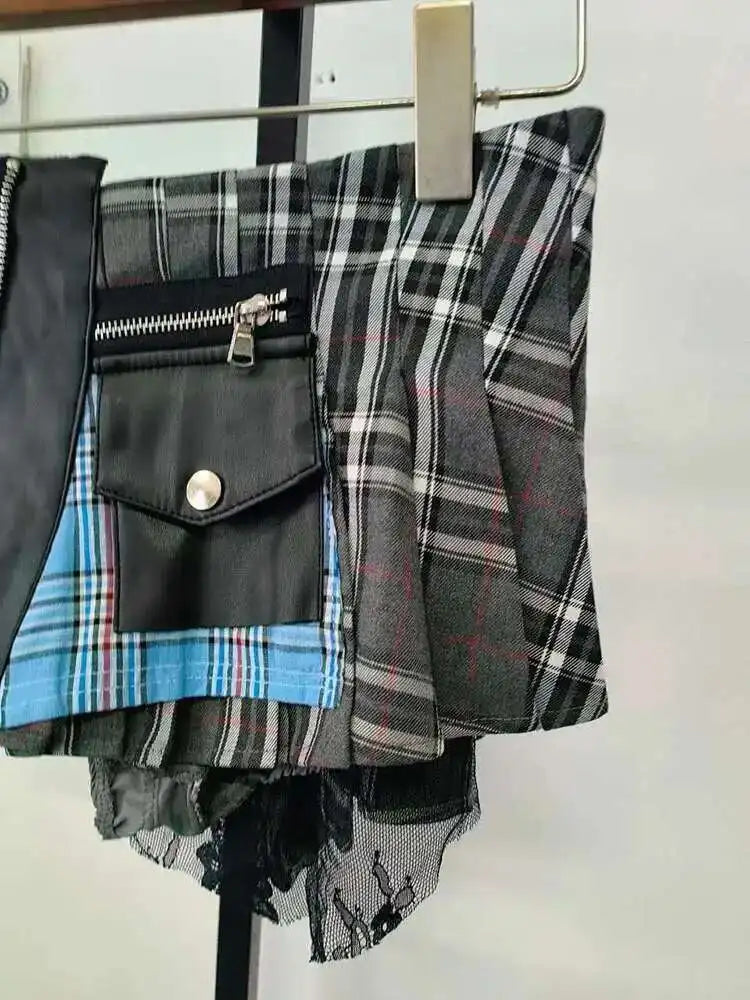 DEAT Fashion Trendy Women's Patchwork Plaid Design Pleated Mini Skirts 2025 Summer New High Waist A-line Skirt Female 29L7565
