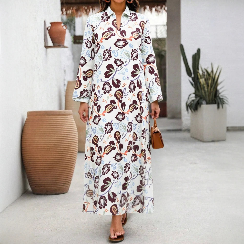 Rafiah Women's Summer Long Dress 2025 Arabian Dress Edgy V-Neck Long Sleeve A-Line Maxi Plant Printing Casual Dress