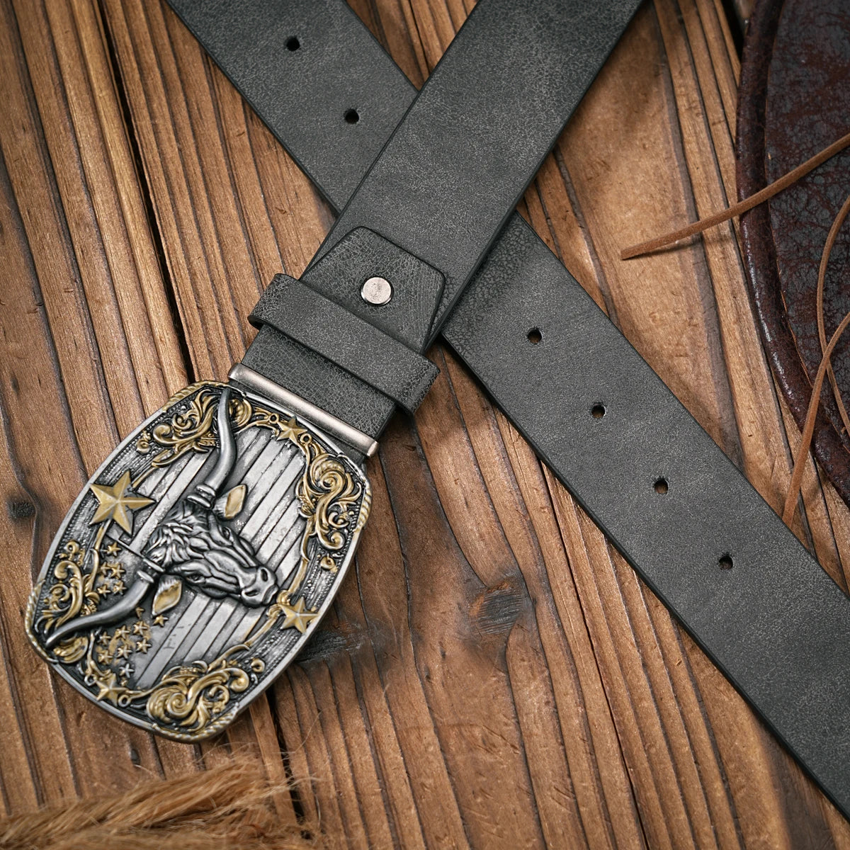 Men - Women - Western Denim - pu leather - Belt - Vintage jeans with floral carved buckle belt