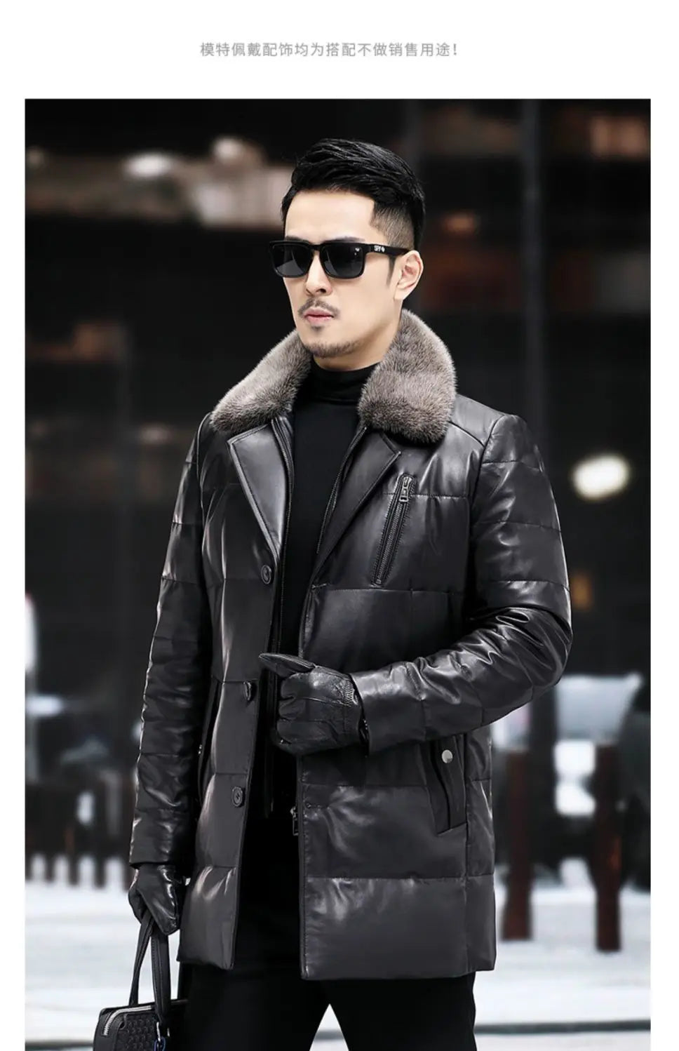 Men's Leather Jacket, Mid-Length, Lapel, Single Breasted Down Jacket, Mink Collar, Sheepkin, Thick Coat, Autumn and Winter
