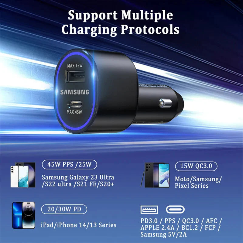 60W Samsung Dual Car Charger with Fast Charging 45W Usb C PD Auto Chargeur for S25 Ultra S25+ S24 Ultra S23 FE S22 A55 A15 A54