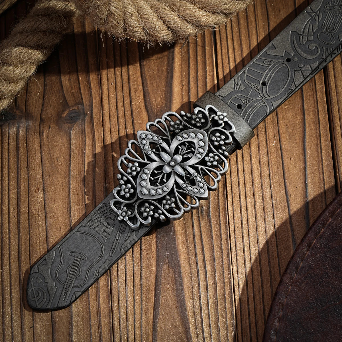 Western denim PU Belt - men's decorative printed carved denim waistband