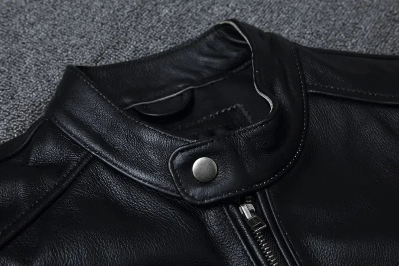Top Layer Cowhide Slim Fit Stand Collar Motorcycle Suit Men's Leather Jacket Soft Cowhide Large Size Jacket Fashion