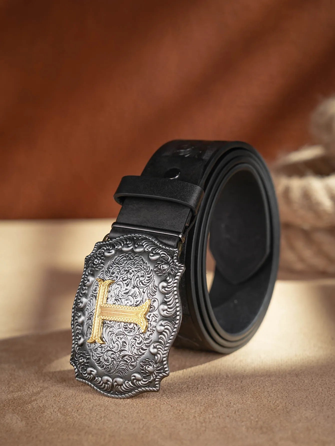 Western Cowboy PU Leather Belt - Men Waist Strap Bull Decoration Floral Engraved for Jeans
