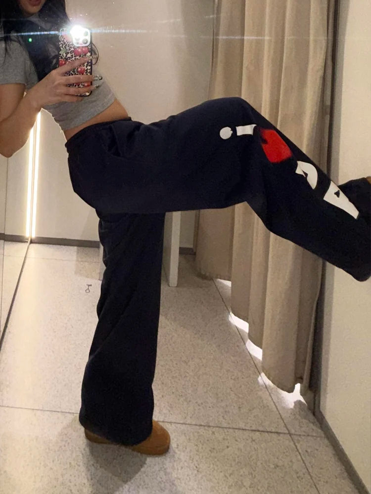 American High Street Spicy Girl Letter Print Wide Leg Casual Pants Women Spring Summer Loose Slim High Waist Dstring Strai...