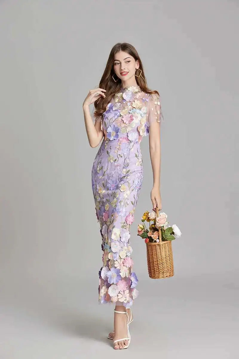 French Luxury 3D Flower Fishtail Lace Prom Dress – Women's Summer Short Sleeve Midi Evening Dress