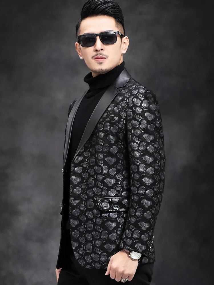 New Designer Business Men Work Floral Printed Blazer Suit Coat Autumn Slim Fit Single Breasted Sheepskin Genuine Leather Jacket