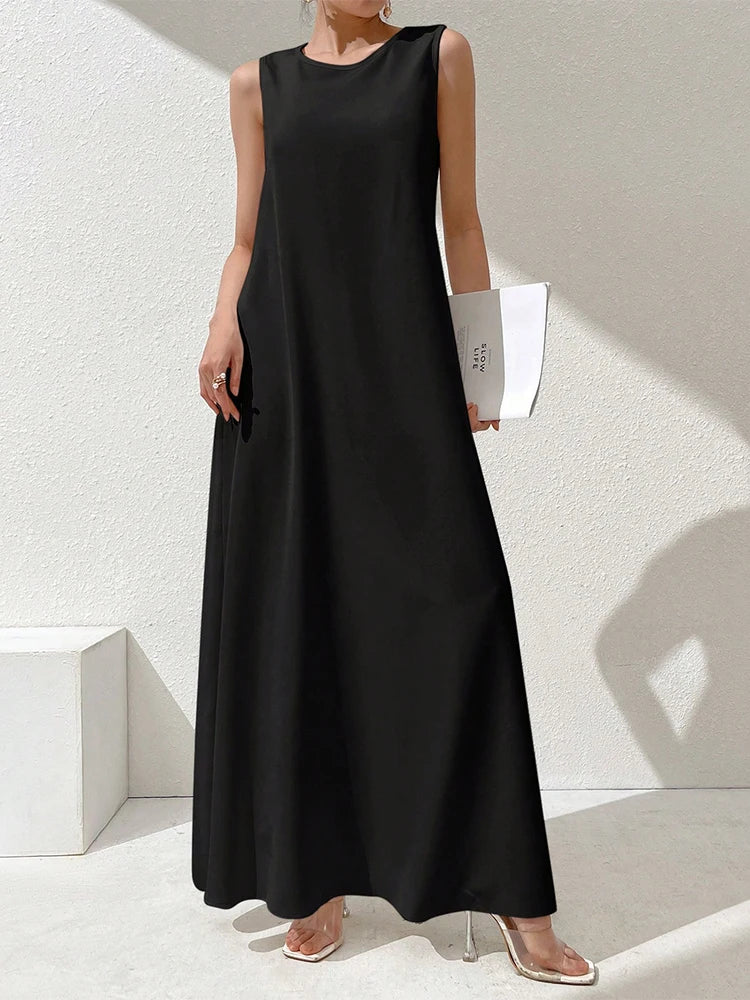 Rafiah Ramadan Women's Solid Color Dress with Round Neck Sleeveless Loose Fit in Casual Arabic Style 2025 Arabian Long Dress