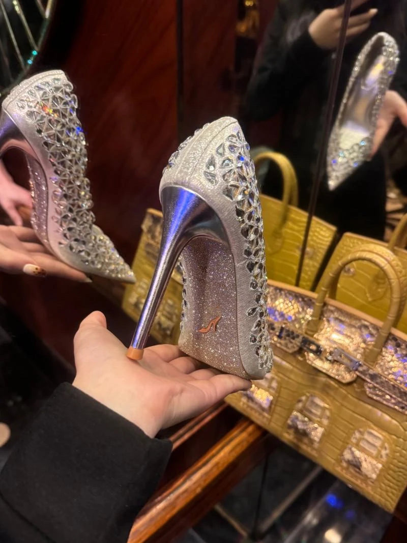 Rhinestone Pointed High Heels Pumps Women Crystal Hollow Slip On Stiletto Heel Banquet Dress Single Shoes 8cm