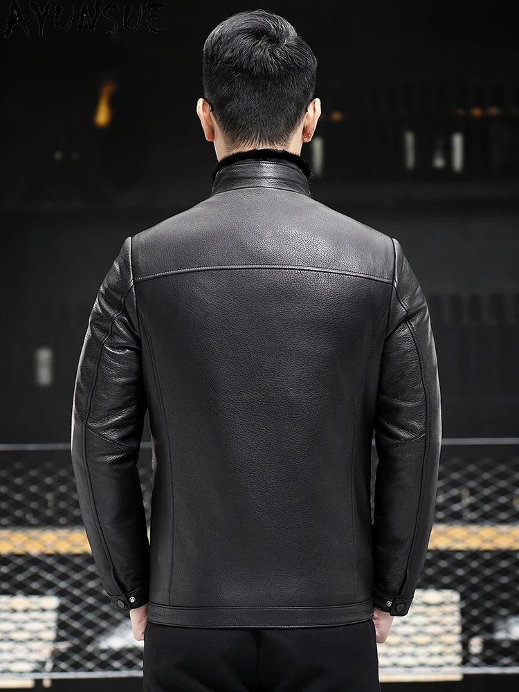 AYUNSUE 100% Real Goatskin Men Leather Jacket Stand Collar Detachable Down Liner and Mink Fur Liner Jackets Winter Mens Fur Coat