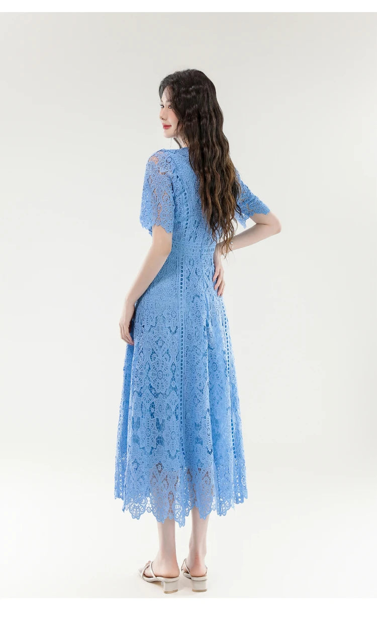 2025 New Summer French Elegant Fashion Evening Dress Women Lace Hollow Out Crochet Party Dress Casual Chic Holidays Clothing