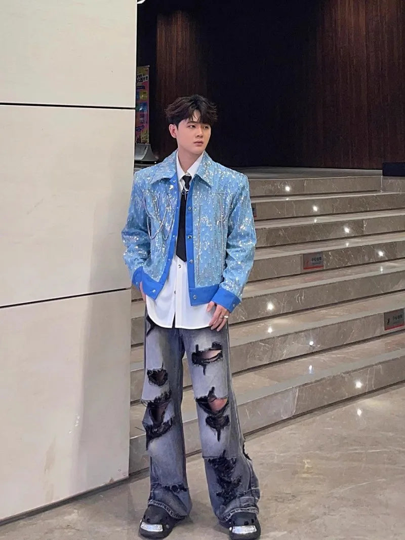 Mens Blue Denim Jacket Fashion Sequined Chain Turn-Down Collar Spring Autumn Short Coat Single Breasted Casual Outerwear Male