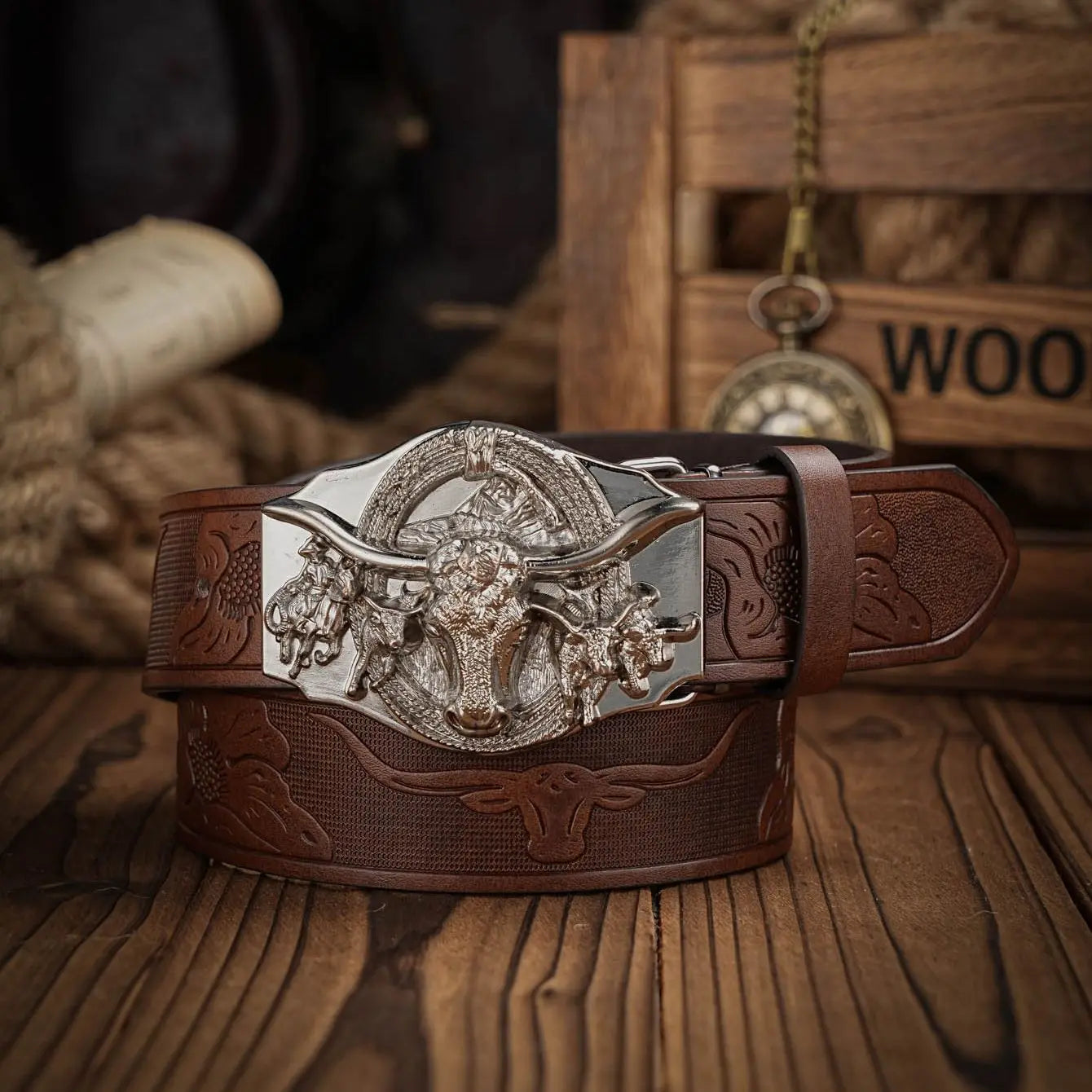 Western Cowboy PU Leather Belt - Men Waist Strap Bull Decoration Floral Engraved for Jeans