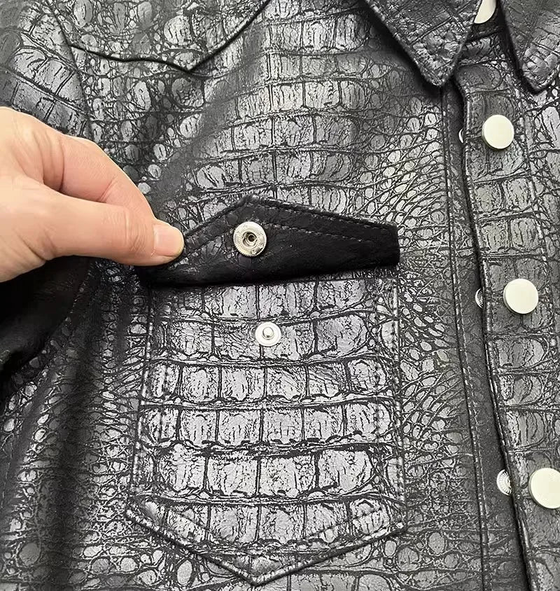 Soft Alligator Pattern Sheepskin Genuine Leather Jacket Men Slim Fit Single Breasted Business Casual Work Natural Leather Tops