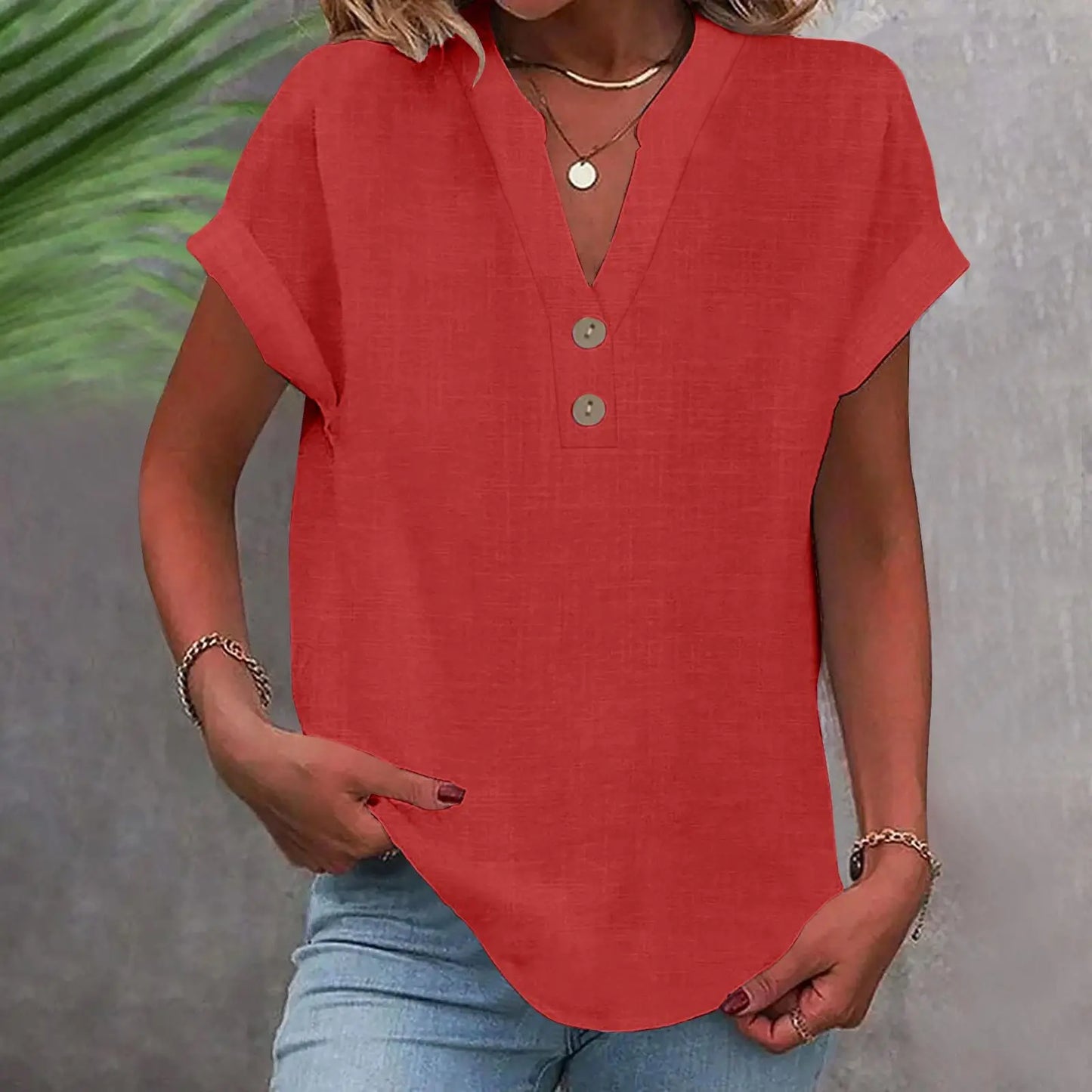 Cotton Linen Short Sleeved Breathable Shirt Summer Solid Color Fashion Stand Up Collar Button Down Women's Casual Office Shirt