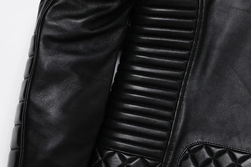 New Sheepskin Genuine Leather Moto Jacket – Slim Oblique Zipper Short Coat for Men