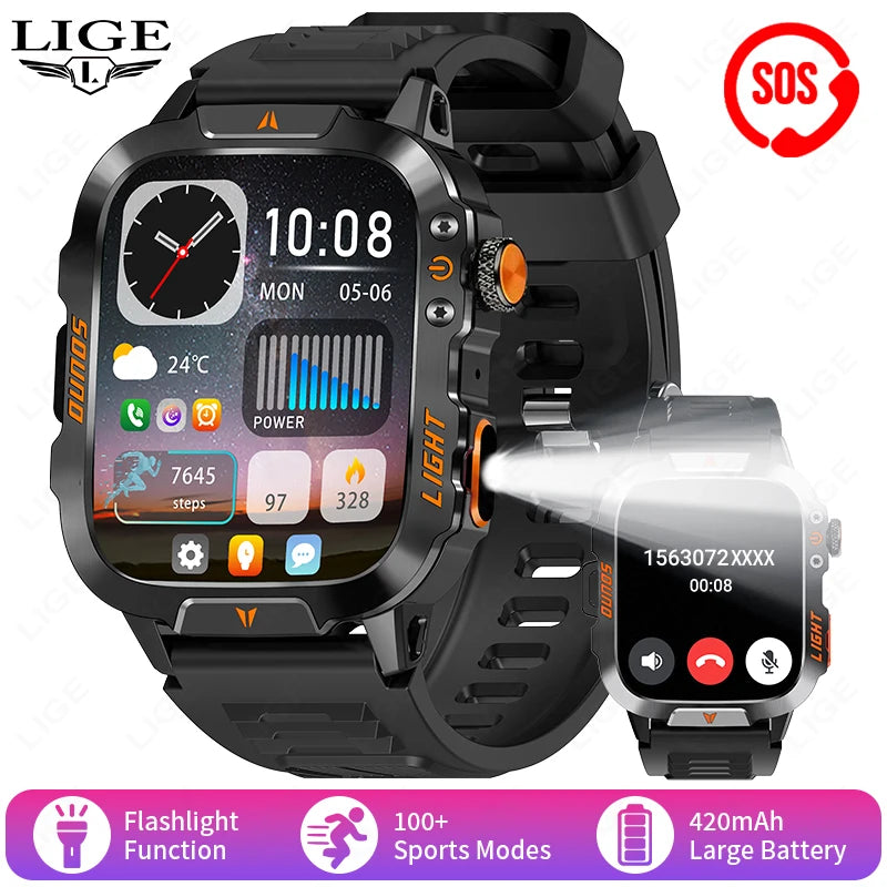 LIGE Military Smart Watch Men 1.96" Screen 3ATM Waterproof Bracelet Bluetooth Call AI Voice Sport Smartwatch With LED Flashlight