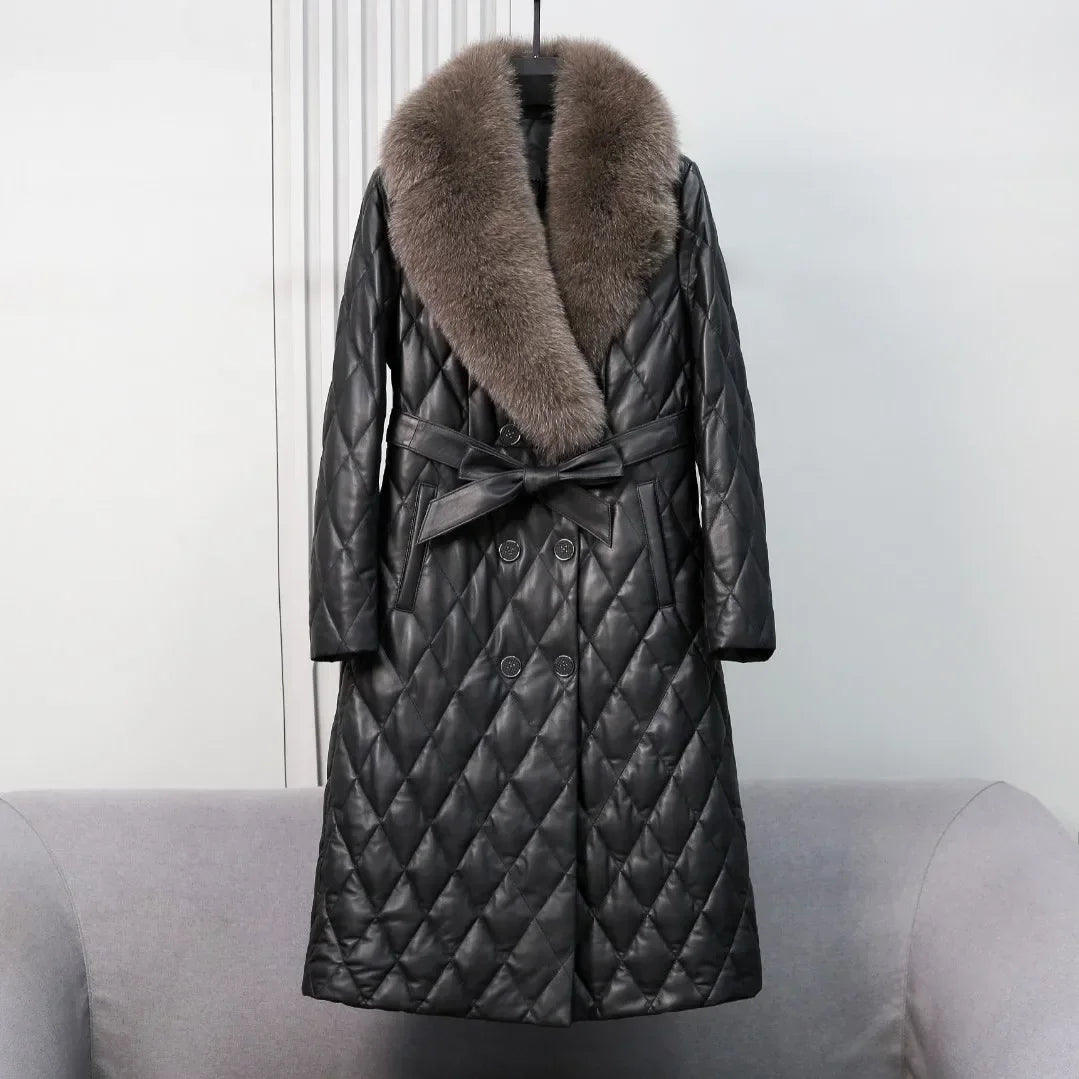 Tcyeek Winter Natural Fox Fur Collar Coat Mid-long Slim Sheepskin Coats Women Clothes Real Leather Down Jacket Lady Veste Femme