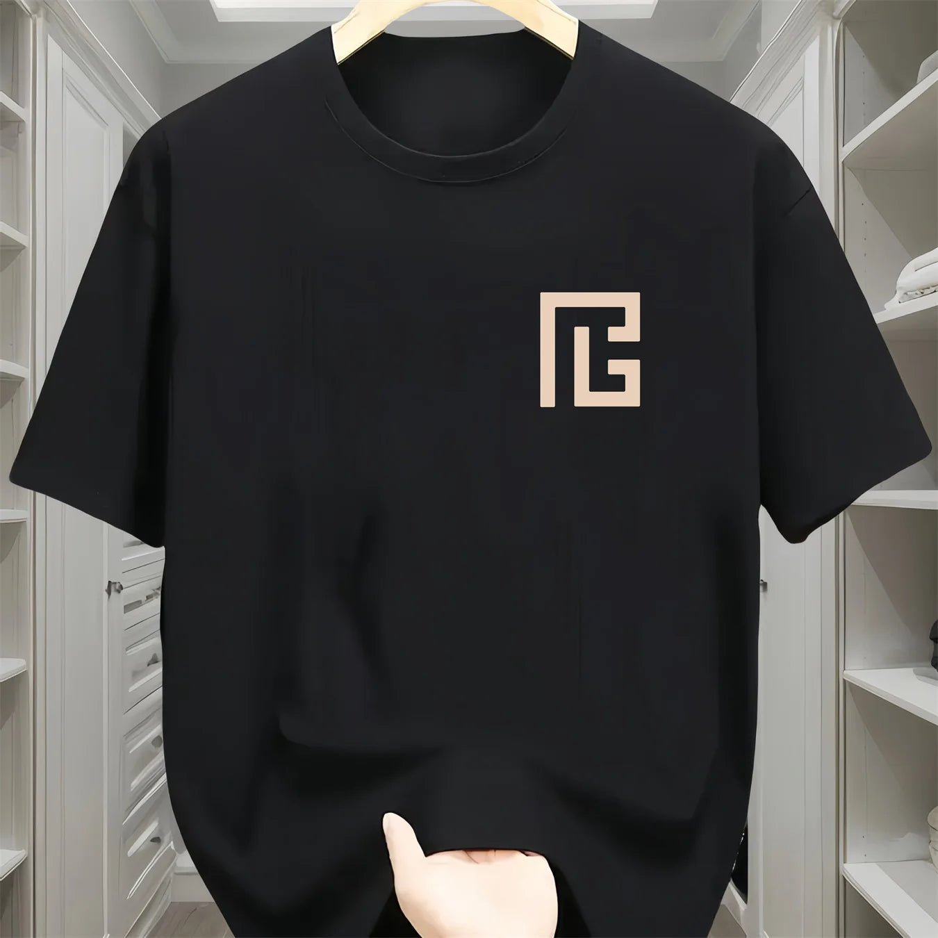 Men's summer 100% pure cotton fashionable casual sports loose geometric pattern printed round neck short sleeved T-shirt top
