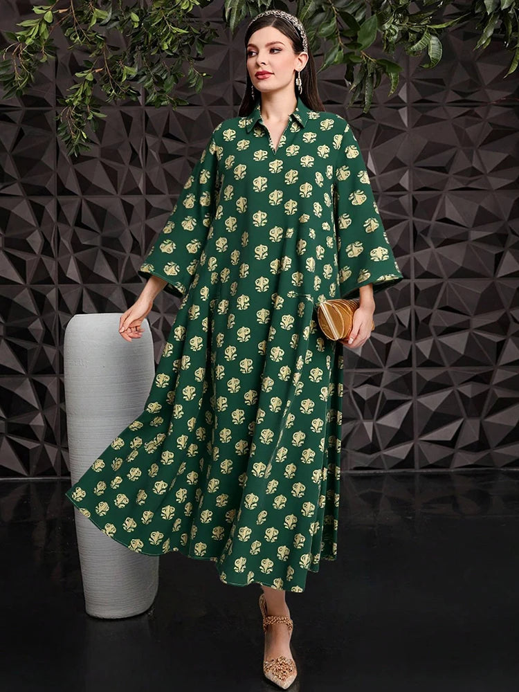 Rafiah Women's Even Dress Arabian 2025 Summer Modest Fashion Full Print Long Sleeve Lapel Midi Loose Fit Long Dress