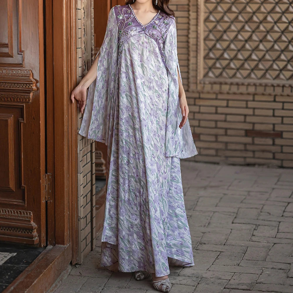 Rafiah Summer Dress 2025 Women's Sophisticated Beading Long Sleeve V-Neck Dating Long Arabian Dress