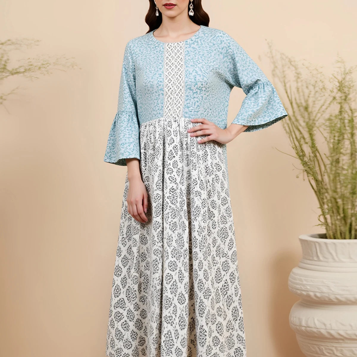 Rafiah Autumn Dresses 2025 Women's Comfortable Full Print Flare Sleeve Round Neck Daily Basic A-Line Long Arabian Dresses