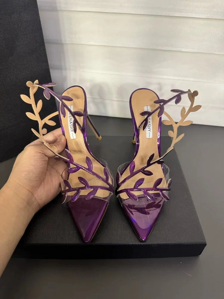Gold High Heels Women 2025 Summer New Metal Patent Leather Leaf Thin Heel Pointed Open Toe Purple Sandals