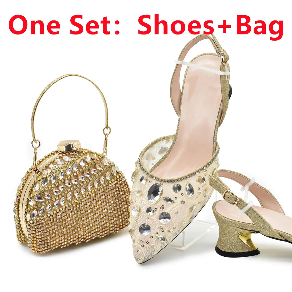 New Arrival Blue Shoes and Bags Set for Women Italian Shoe and Bag Set Designer 2025 Rhinestone Luxury Elegant Pumps for Women