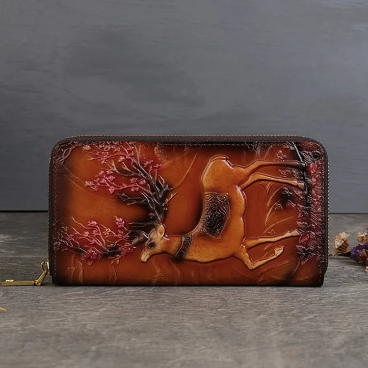 MOTAORA New Embossed Genuine Leather Wallet For Women’s Long Zipper Large Capacity Handbag Ethnic Style Card Phone Bag Purses