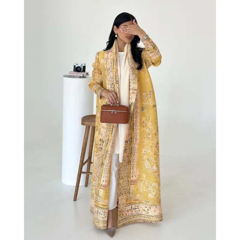 KAF Pleated Women Abaya 2025 Spring Fall New Fashion Retro Printed Cardigan Design Loose Large Size Arab Luxury Robe Female