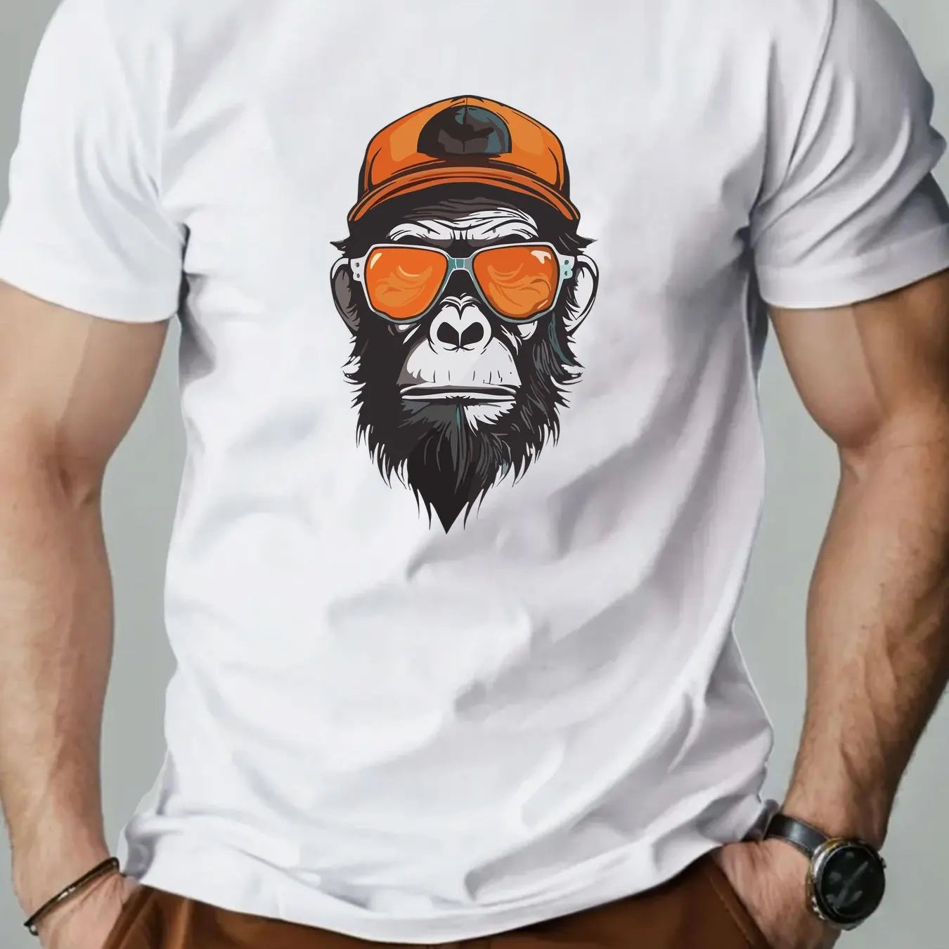 Men's summer 100% pure cotton fashionable casual sports loose monkey with sunglasses π glasses pattern printed round neck short sleeved T-shirt top
