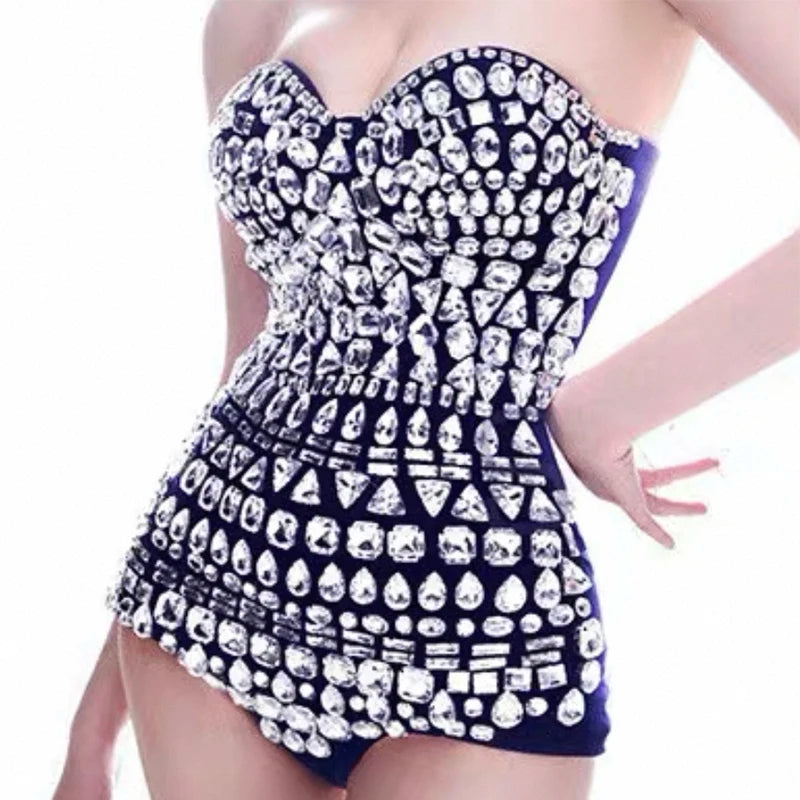 Shiny Acrylic Geometric Sequin Tube Top Pullover Bodysuit Sexy Ladies Bar Club show