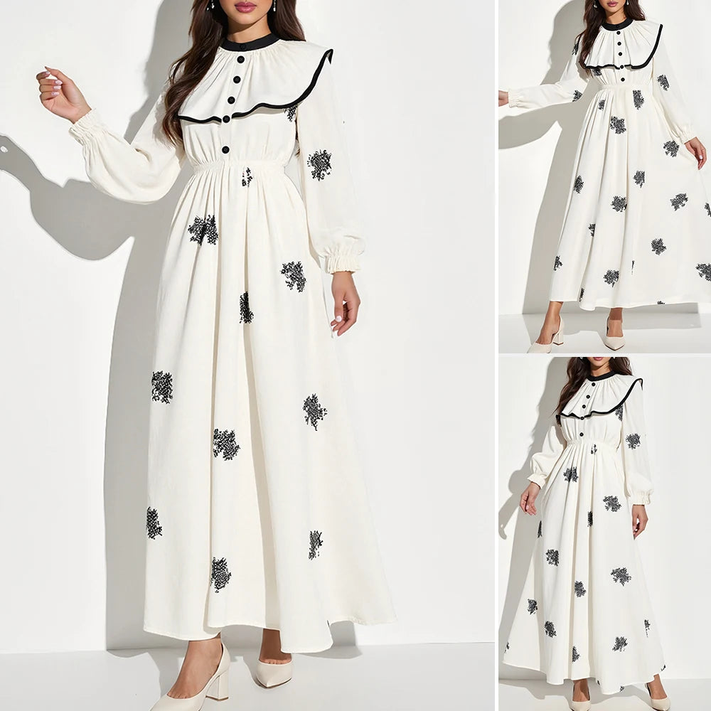 Rafiah Autumn Arabian Dress 2025 Women's Decent Full Print Folds Long Sleeve Round-Neck Layered Daily Basic Midi Dress