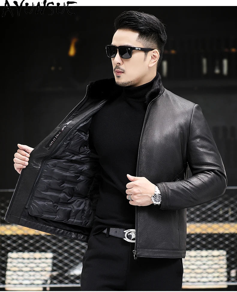 AYUNSUE 100% Real Goatskin Men Leather Jacket Stand Collar Detachable Down Liner and Mink Fur Liner Jackets Winter Mens Fur Coat