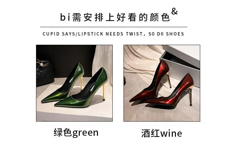 Green Shoes Quality Woman Pumps Patent Leather High Heels Sexy Party Shoes Metal Stilettos Luxury Wine red High-heeled Shoes