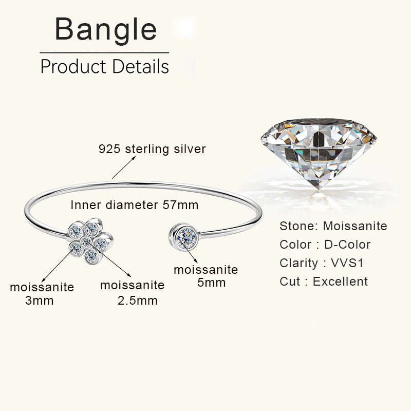 Lnngy Sparkling Moissanite Bracelets For Women Girl Original and Pure 925 Sterling Silver Cuff Bracelet Open Wrist Jewelry Gift
