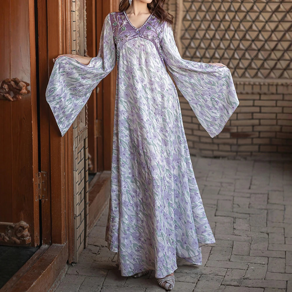 Rafiah Summer Dress 2025 Women's Sophisticated Beading Long Sleeve V-Neck Dating Long Arabian Dress