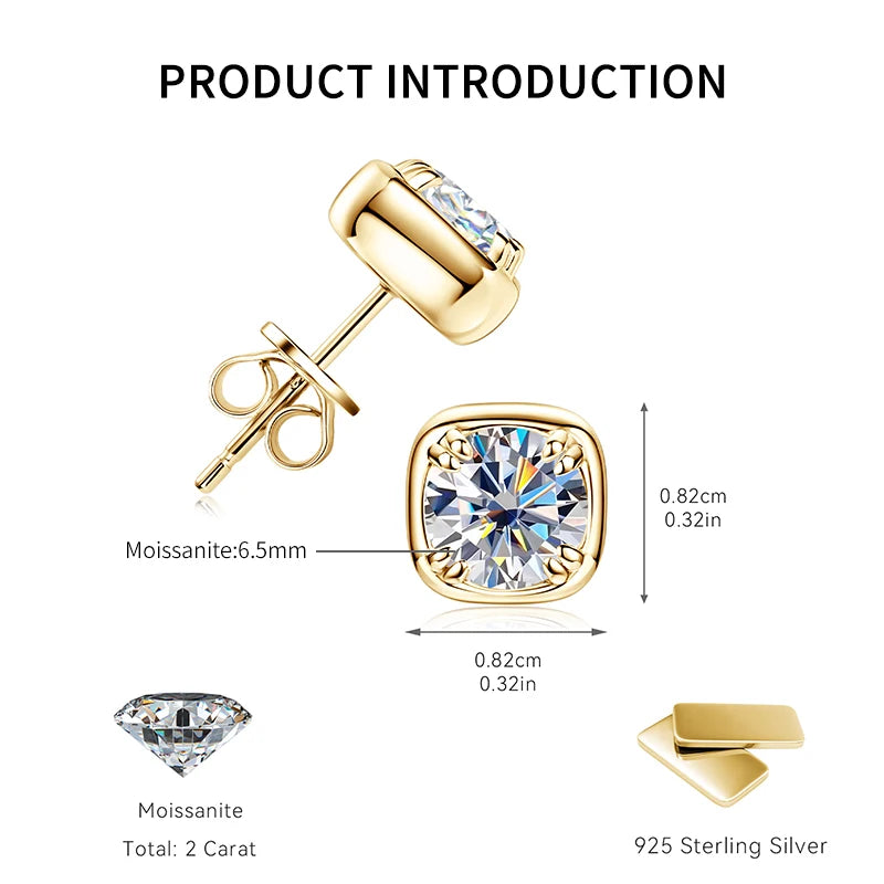 Lnngy 925 Sterling Silver Square Shape Stud Earring Certified Sparkling 6.5MM 1CT Moissanite Earrings For Women 2025 New Jewelry