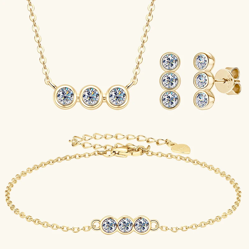 IOGOU 3mm Moissanite Jewelry Sets Real 925 Silver for Women 3 Stones Pendant Necklace Stud Earrings Set Valentine's Day Gifts