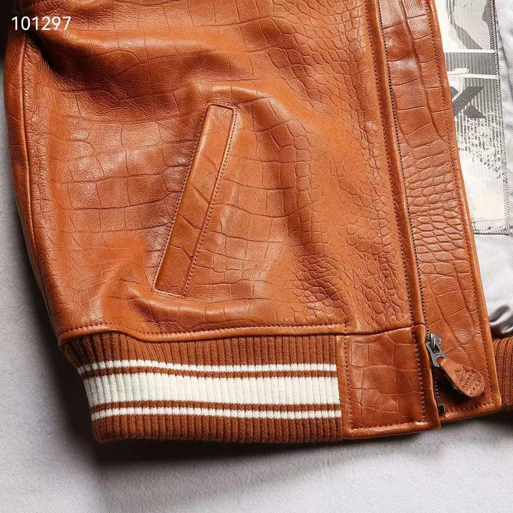 AVIREX new men's genuine leather jacket France 1.5 mm thick sheepskin embroidered crocodile pattern flight suit baseball coat