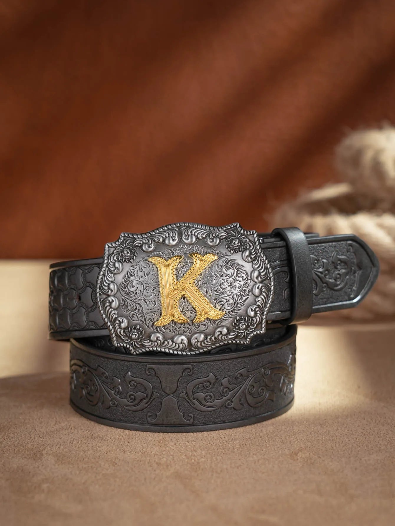 Western Cowboy PU Leather Belt - Men Waist Strap Bull Decoration Floral Engraved for Jeans