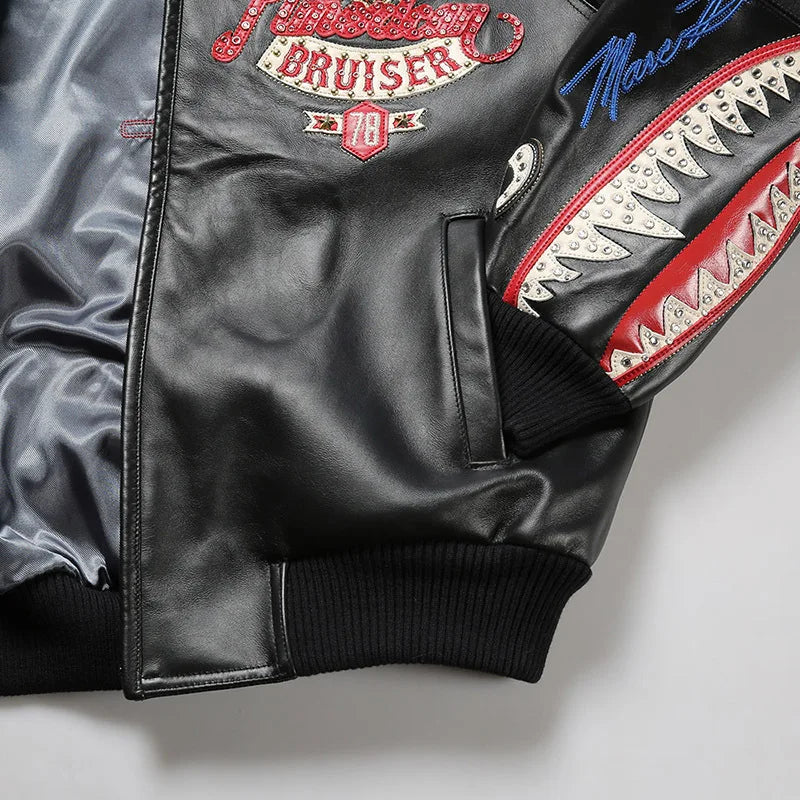 US size men's Hip Hop Sheep skin Varsity Jacket Embroidered Diamond Classic Casual Sport genuine leather Coat tops