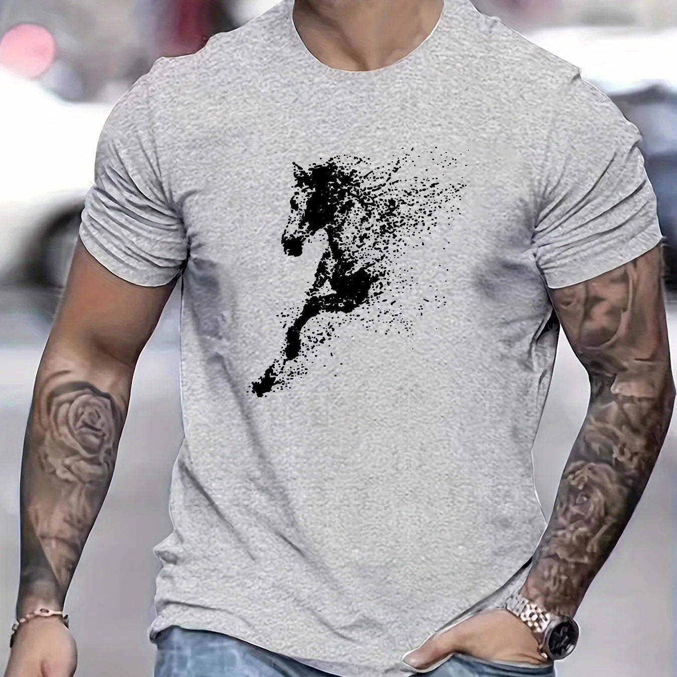 Men's Summer 100% Cotton Fashionable Casual Loose Large Black Horse Pattern Printed Round Neck Short Sleeve T-shirt Top