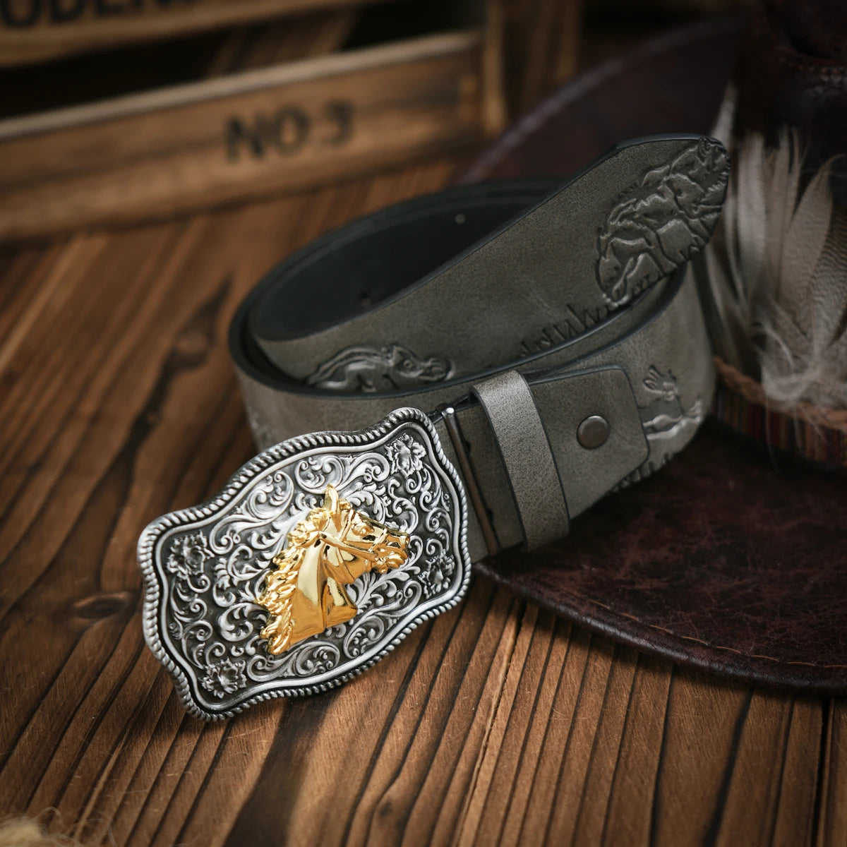 Western Cowboy Leather Buckle Belts Horse Pattern Floral Engraved Buckle Belt for Men
