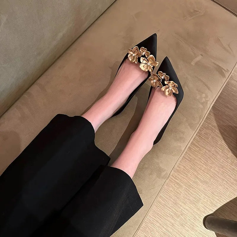 Satin Designer Women Pumps 2025 Sexy Pointed Toe Gold Flower Decoration Thin High Heels Fashion Banquet Dress Mules Shoes