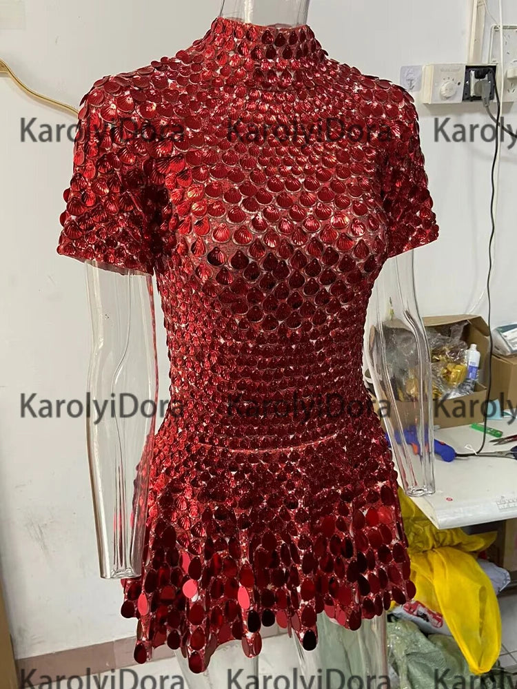 Sexy Black Shell Sequins Mini Dress Nightclub Dance High Quality Performance Clothing Bodysuit Birthday Red Dresses