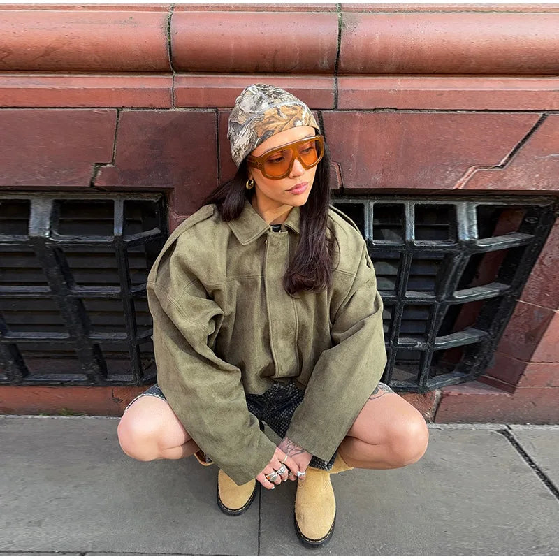 Street Women's Suede Bomber Jacket Fashion Lapel Zipper Full Sleeve Female Coats 2025 Spring Lady Casual Commute Vintage Outwear