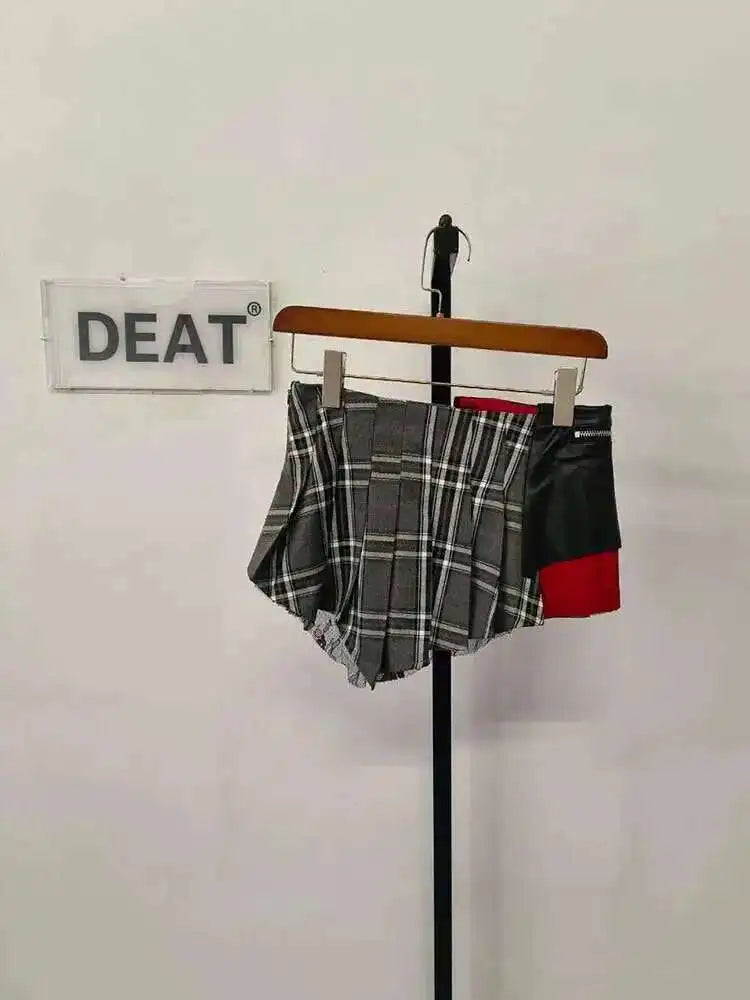 DEAT Fashion Trendy Women's Patchwork Plaid Design Pleated Mini Skirts 2025 Summer New High Waist A-line Skirt Female 29L7565